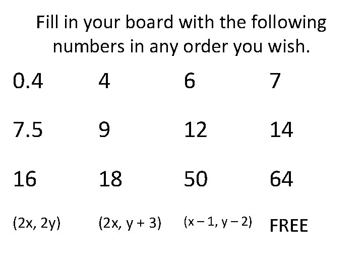 Fill in your board with the following numbers in any order you wish. 0.