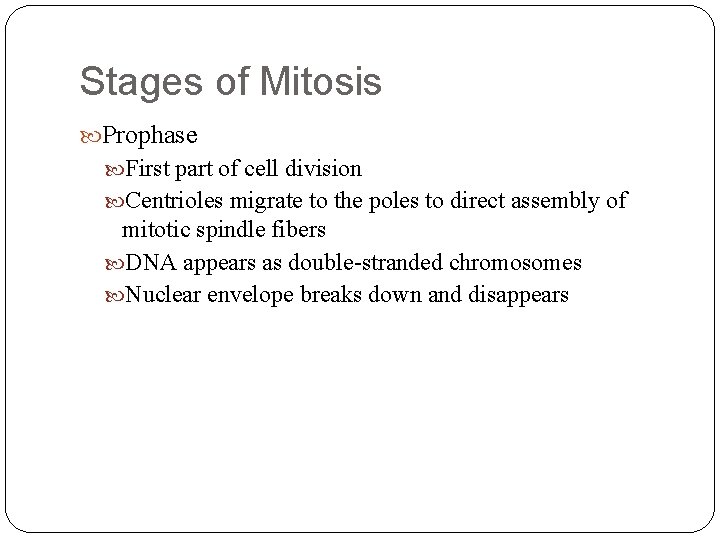 Stages of Mitosis Prophase First part of cell division Centrioles migrate to the poles