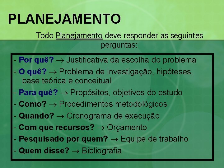 PLANEJAMENTO Todo Planejamento deve responder as seguintes perguntas: - Por quê? Justificativa da escolha