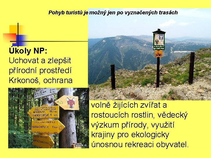 Pohyb turistů je možný jen po vyznačených trasách Úkoly NP: Uchovat a zlepšit přírodní