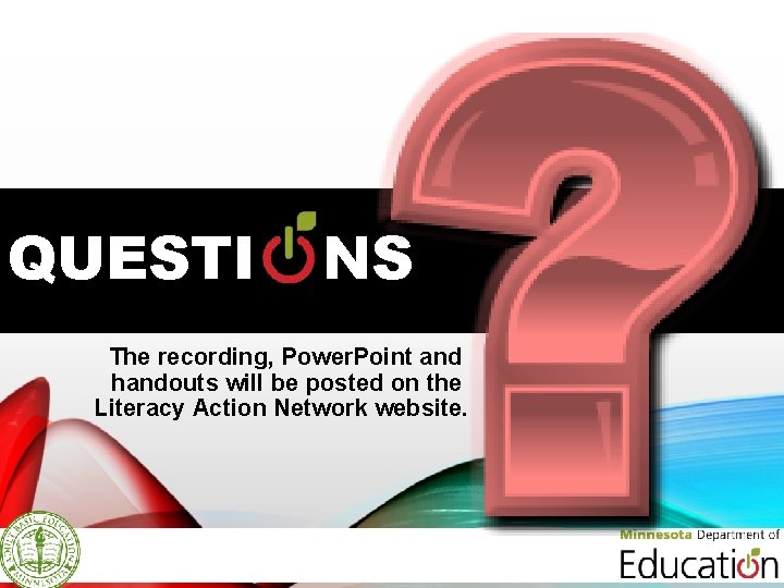 QUESTI NS The recording, Power. Point and handouts will be posted on the Literacy
