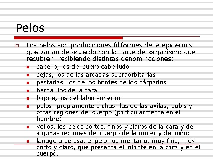 Pelos o Los pelos son producciones filiformes de la epidermis que varían de acuerdo Pelos o Los pelos son producciones filiformes de la epidermis que varían de acuerdo