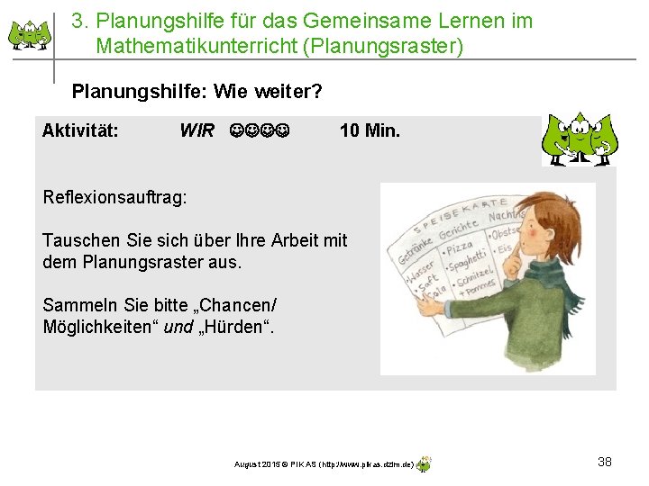 3. Planungshilfe für das Gemeinsame Lernen im Mathematikunterricht (Planungsraster) Planungshilfe: Wie weiter? Aktivität: WIR