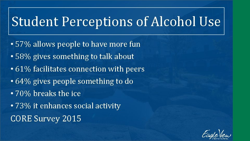 Student Perceptions of Alcohol Use • 57% allows people to have more fun •