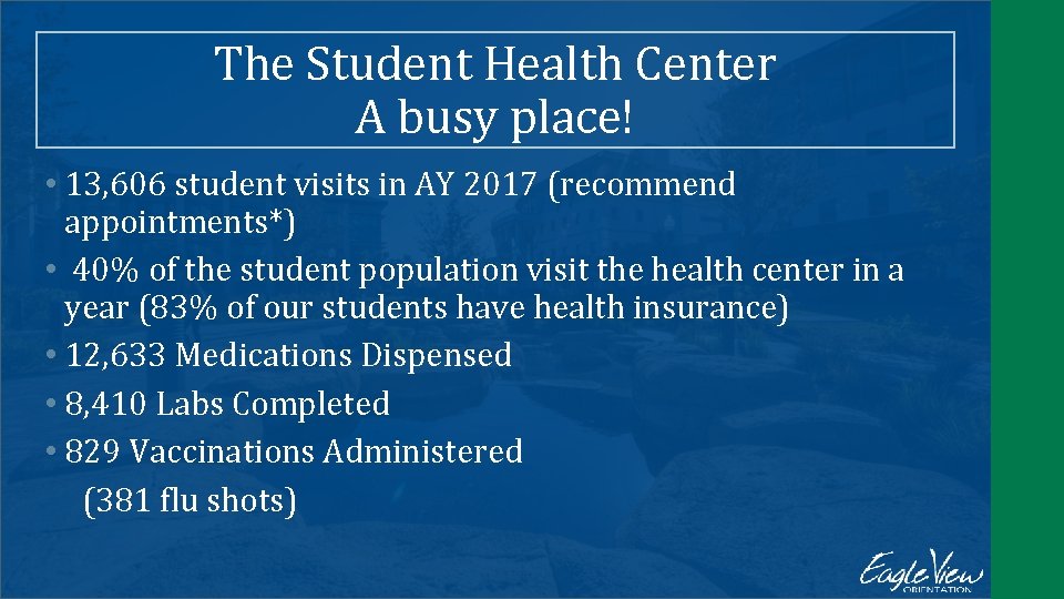 The Student Health Center A busy place! • 13, 606 student visits in AY