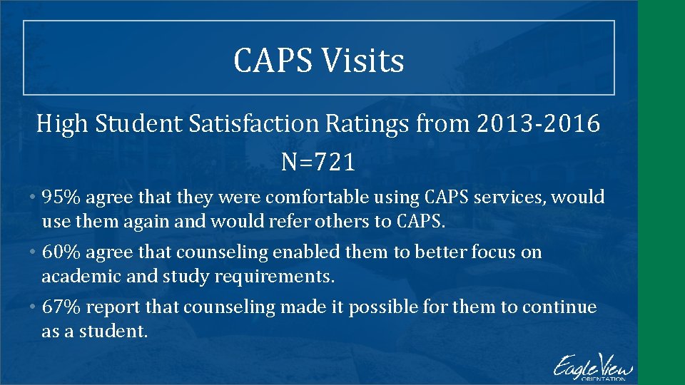 CAPS Visits High Student Satisfaction Ratings from 2013 -2016 N=721 • 95% agree that