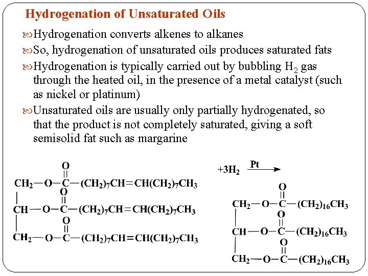 Hydrogenation of Unsaturated Oils Hydrogenation converts alkenes to alkanes So, hydrogenation of unsaturated oils