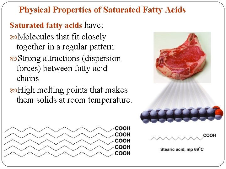 Physical Properties of Saturated Fatty Acids Saturated fatty acids have: Molecules that fit closely Physical Properties of Saturated Fatty Acids Saturated fatty acids have: Molecules that fit closely