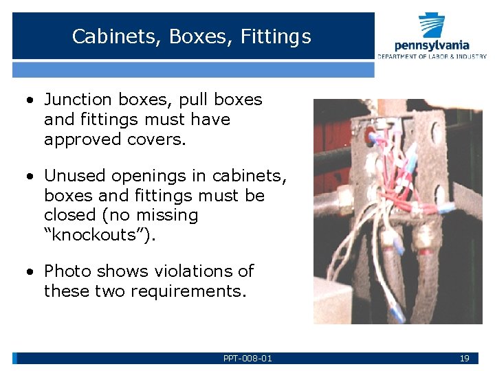 Cabinets, Boxes, Fittings • Junction boxes, pull boxes and fittings must have approved covers.