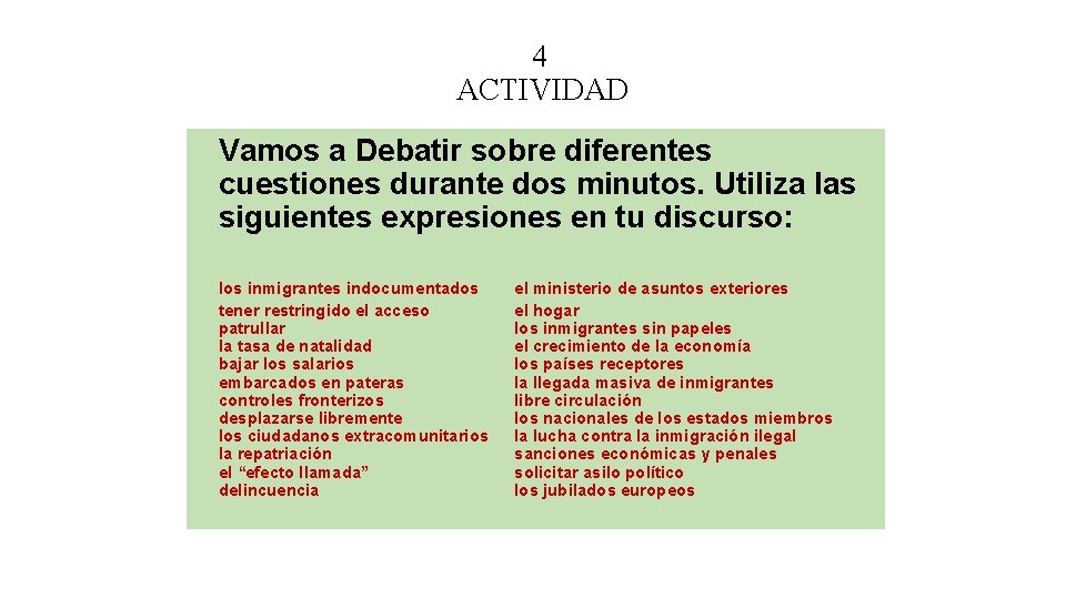 4 ACTIVIDAD Vamos a Debatir sobre diferentes cuestiones durante dos minutos. Utiliza las siguientes