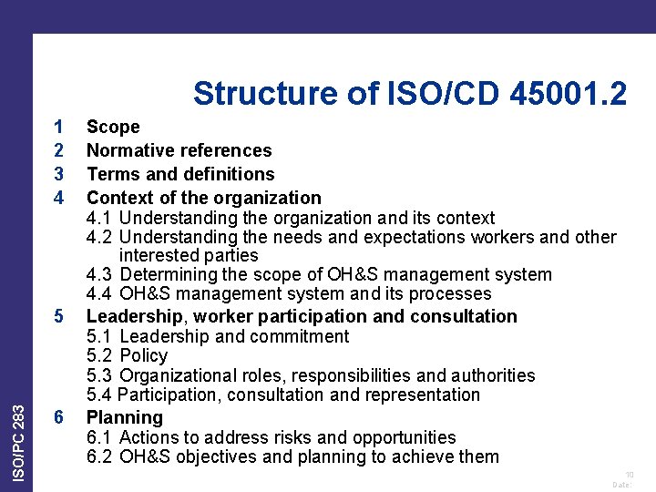 Structure of ISO/CD 45001. 2 1 2 3 4 ISO/PC 283 5 6 Scope