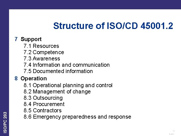 ISO/PC 283 Structure of ISO/CD 45001. 2 7 Support 7. 1 Resources 7. 2