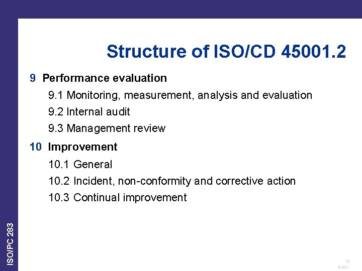 Structure of ISO/CD 45001. 2 9 Performance evaluation 9. 1 Monitoring, measurement, analysis and