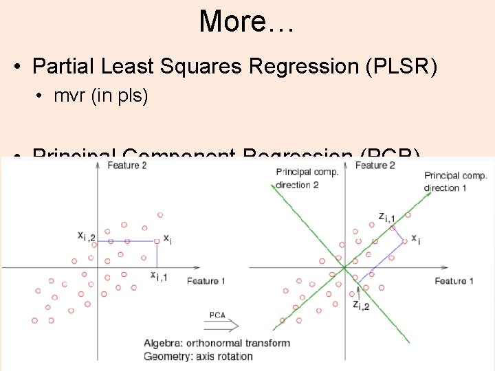 More… • Partial Least Squares Regression (PLSR) • mvr (in pls) • Principal Component