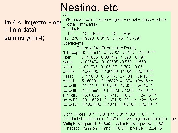 Nesting, etc Call: lm(formula = extro ~ open + agree + social + class