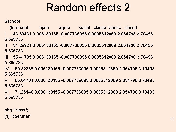 Random effects 2 $school (Intercept) open agree social classb classc classd I 43. 39461