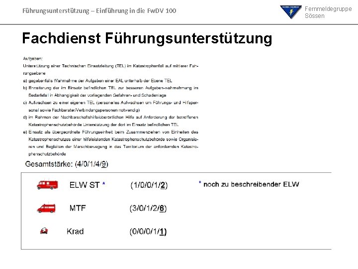 Führungsunterstützung – Einführung in die Fw. DV 100 Fachdienst Führungsunterstützung Fernmeldegruppe Sössen Führungsunterstützung – Einführung in die Fw. DV 100 Fachdienst Führungsunterstützung Fernmeldegruppe Sössen