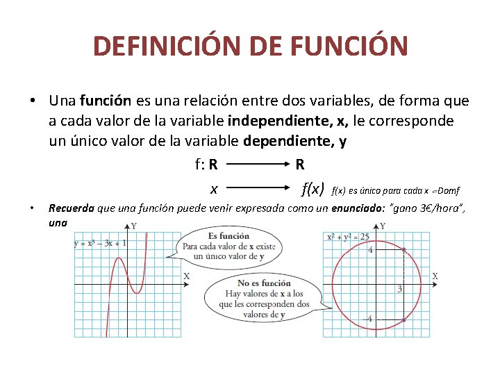 DEFINICIÓN DE FUNCIÓN • Una función es una relación entre dos variables, de forma