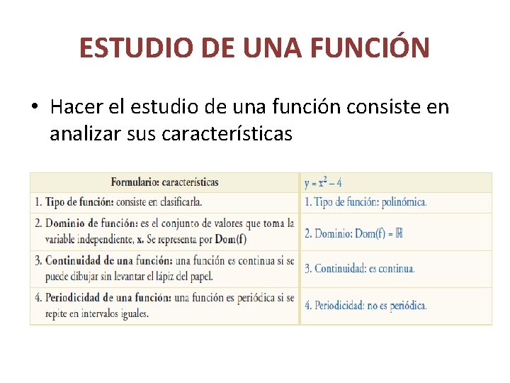 ESTUDIO DE UNA FUNCIÓN • Hacer el estudio de una función consiste en analizar