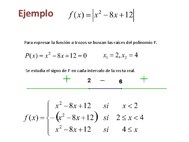 Ejemplo Para expresar la función a trozos se buscan las raíces del polinomio P.