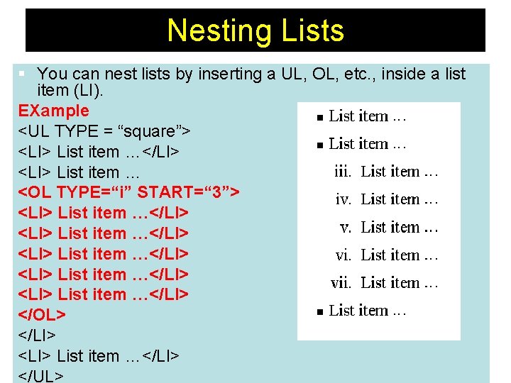 Nesting Lists § You can nest lists by inserting a UL, OL, etc. , Nesting Lists § You can nest lists by inserting a UL, OL, etc. ,