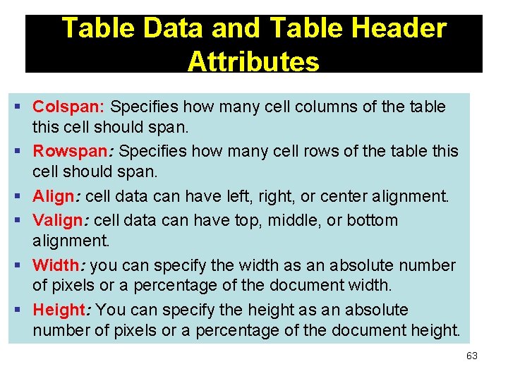 Table Data and Table Header Attributes § Colspan: Specifies how many cell columns of Table Data and Table Header Attributes § Colspan: Specifies how many cell columns of