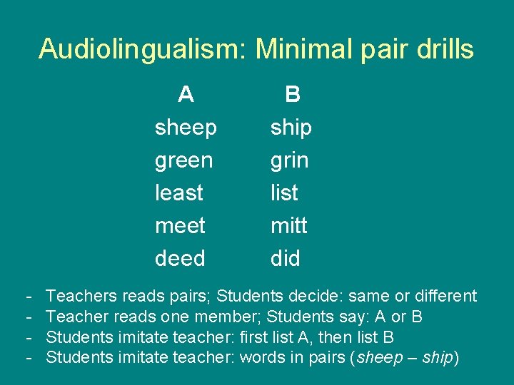 Audiolingualism: Minimal pair drills A sheep green least meet deed - B ship grin
