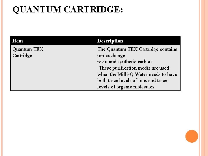 QUANTUM CARTRIDGE: Item Description Quantum TEX Cartridge The Quantum TEX Cartridge contains ion exchange