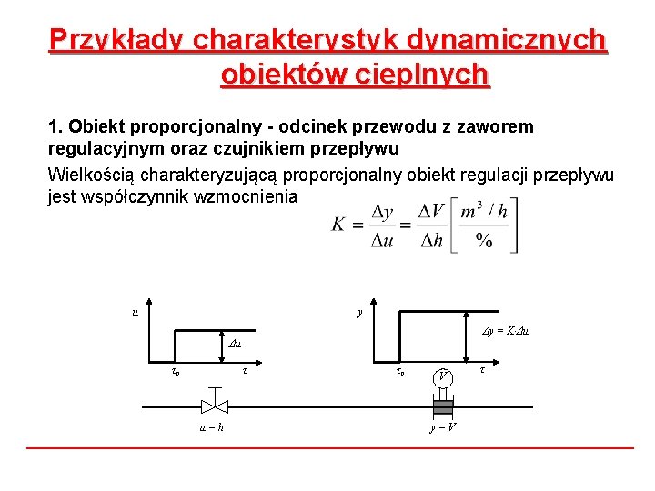 Przykłady charakterystyk dynamicznych obiektów cieplnych 1. Obiekt proporcjonalny - odcinek przewodu z zaworem regulacyjnym Przykłady charakterystyk dynamicznych obiektów cieplnych 1. Obiekt proporcjonalny - odcinek przewodu z zaworem regulacyjnym