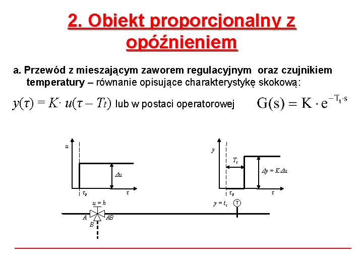 2. Obiekt proporcjonalny z opóźnieniem a. Przewód z mieszającym zaworem regulacyjnym oraz czujnikiem temperatury 2. Obiekt proporcjonalny z opóźnieniem a. Przewód z mieszającym zaworem regulacyjnym oraz czujnikiem temperatury