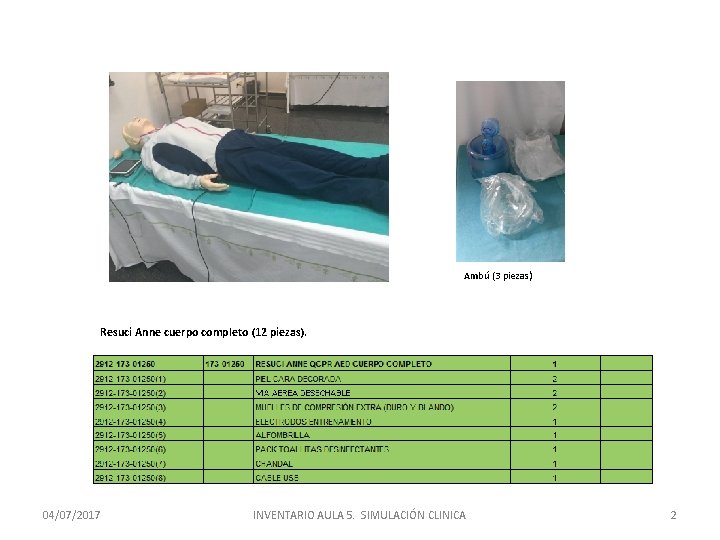 Ambú (3 piezas) Resuci Anne cuerpo completo (12 piezas). 04/07/2017 INVENTARIO AULA 5. SIMULACIÓN