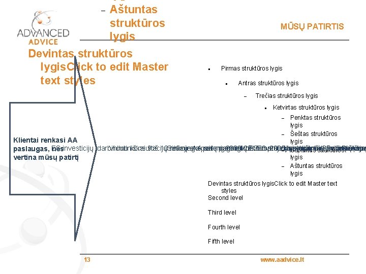  Aštuntas struktūros lygis Devintas struktūros lygis. Click to edit Master text styles MŪSŲ