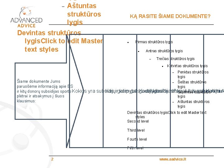  Aštuntas struktūros lygis Devintas struktūros lygis. Click to edit Master text styles KĄ