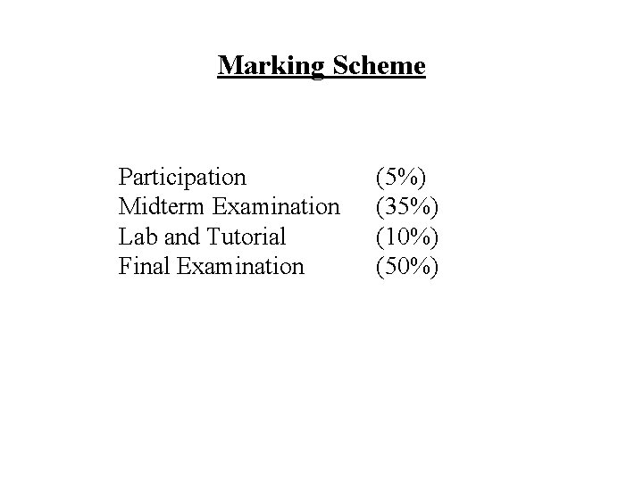 Marking Scheme Participation Midterm Examination Lab and Tutorial Final Examination (5%) (35%) (10%) (50%)