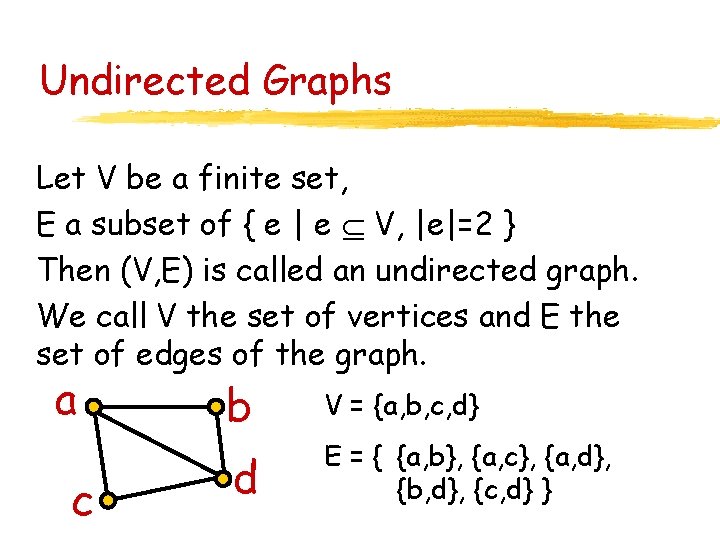 Undirected Graphs Let V be a finite set, E a subset of { e