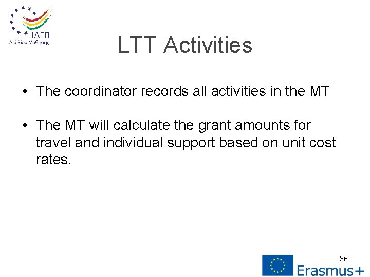 LTT Activities • The coordinator records all activities in the MT • The MT
