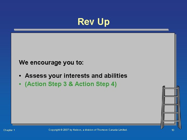 Rev Up We encourage you to: • Assess your interests and abilities • (Action