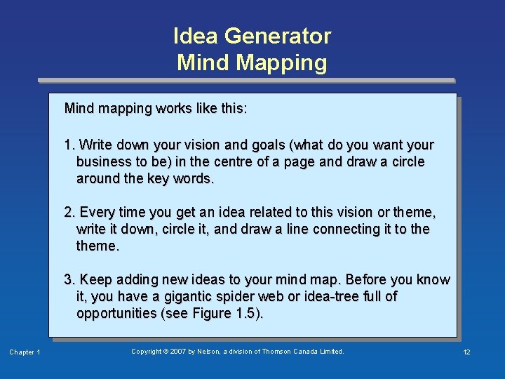 Idea Generator Mind Mapping Mind mapping works like this: 1. Write down your vision