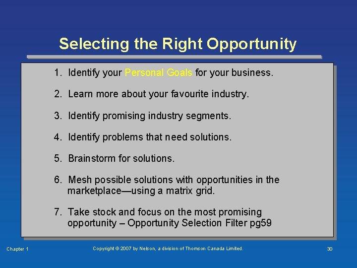 Selecting the Right Opportunity 1. Identify your Personal Goals for your business. 2. Learn