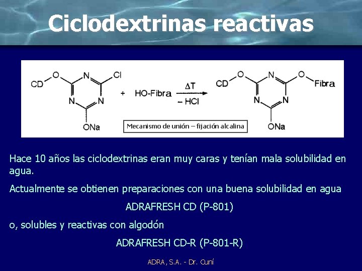 Ciclodextrinas reactivas Mecanismo de unión – fijación alcalina Hace 10 años las ciclodextrinas eran