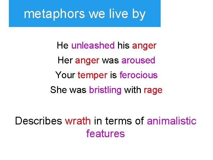 metaphors we live by He unleashed his anger Her anger was aroused Your temper