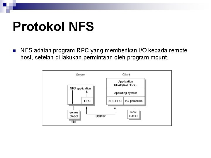 Protokol NFS n NFS adalah program RPC yang memberikan I/O kepada remote host, setelah