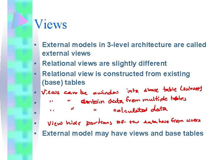 Views • External models in 3 -level architecture are called external views • Relational