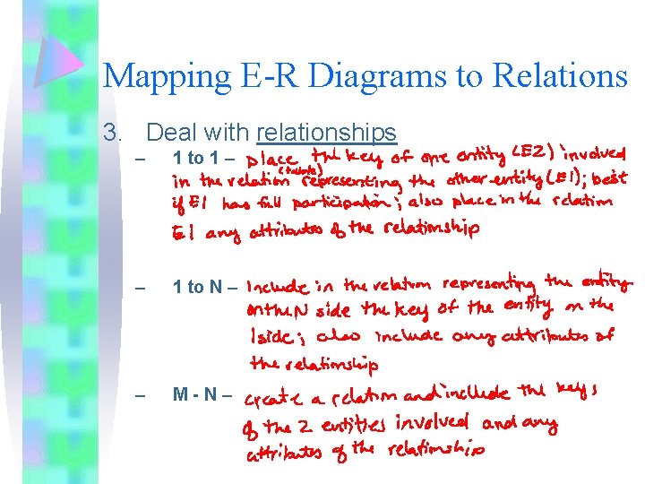 Mapping E-R Diagrams to Relations 3. Deal with relationships – 1 to 1 –