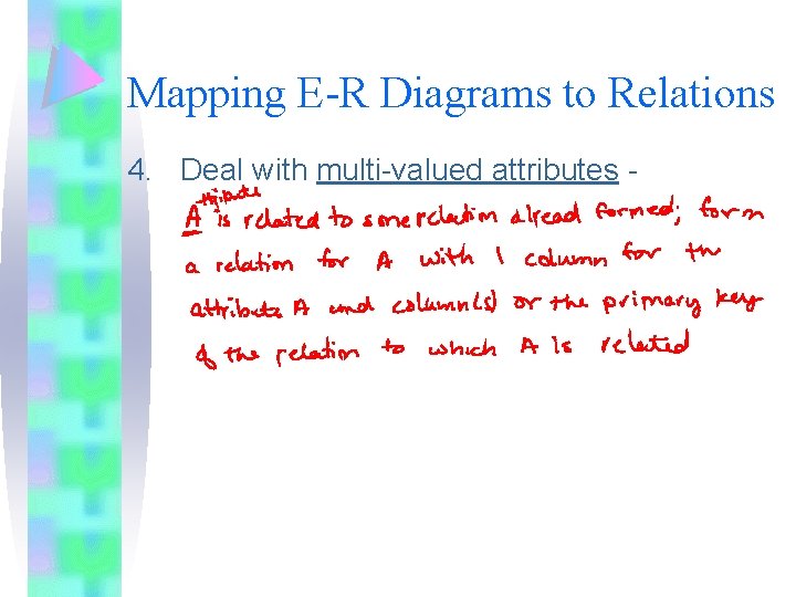 Mapping E-R Diagrams to Relations 4. Deal with multi-valued attributes - 