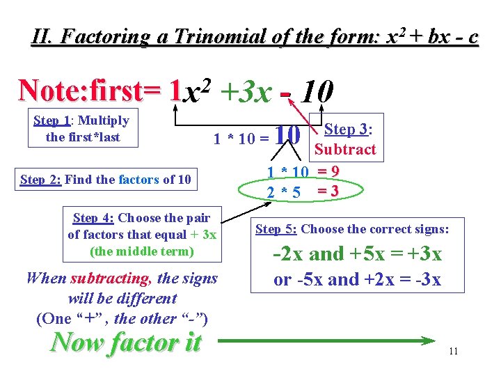 II. Factoring a Trinomial of the form: x 2 + bx - c Note: