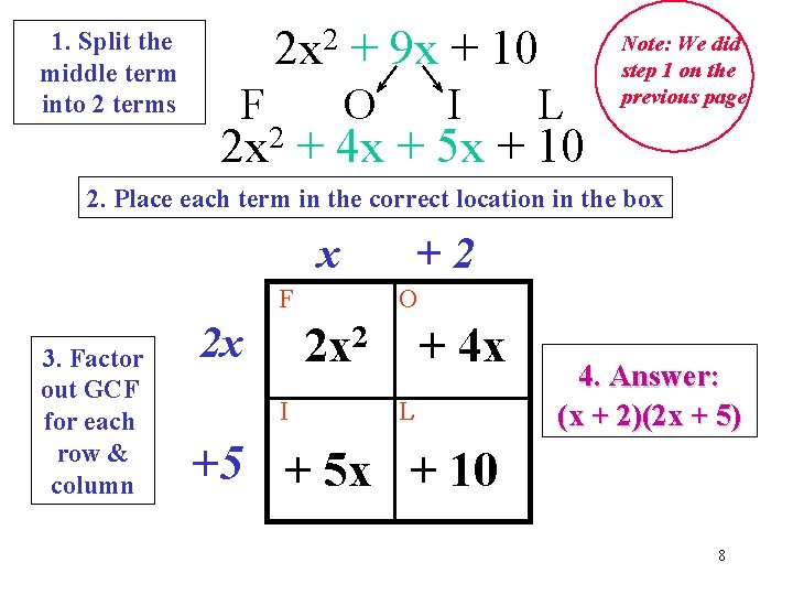 1. Split the middle term into 2 terms 2 x 2 + 9 x