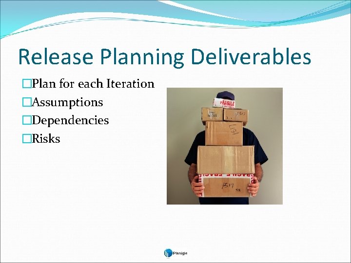 Release Planning Deliverables �Plan for each Iteration �Assumptions �Dependencies �Risks 