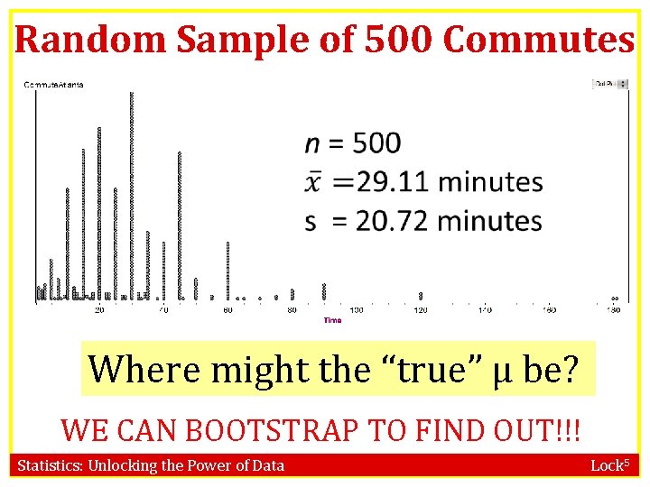 Random Sample of 500 Commutes Where might the “true” μ be? WE CAN BOOTSTRAP