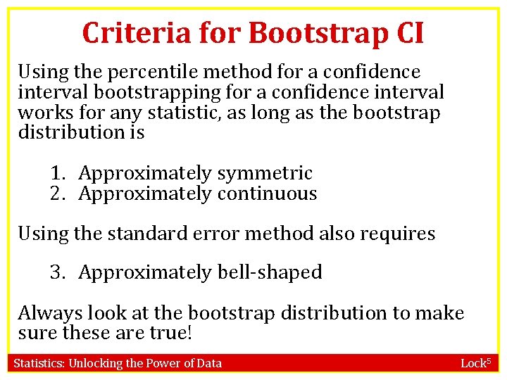 Criteria for Bootstrap CI Using the percentile method for a confidence interval bootstrapping for